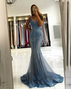 Beautiful Long Mermaid V-neck Appliques Lace Tulle Backless Prom Dress by BIZTUNNEL
