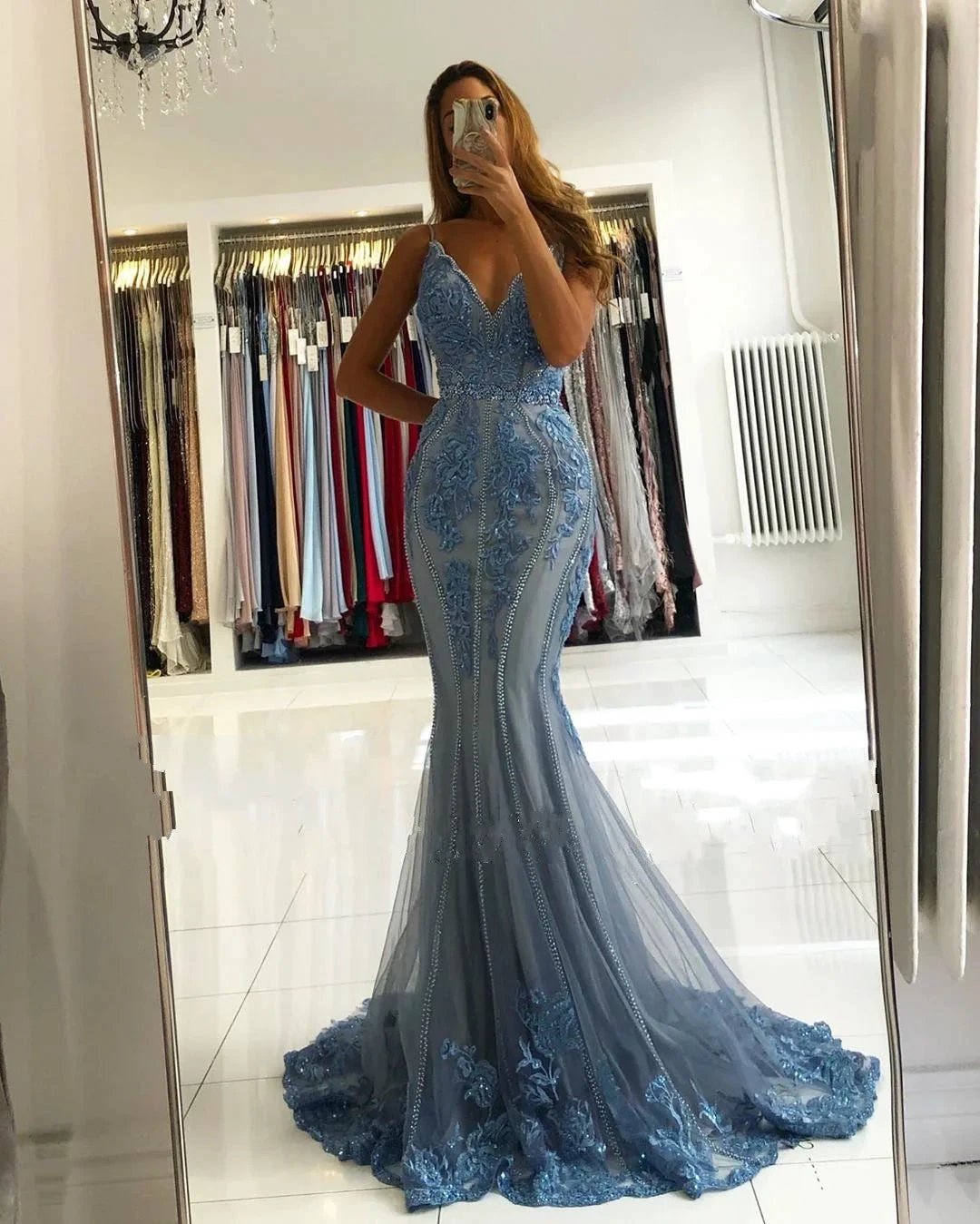 Beautiful Long Mermaid V-neck Appliques Lace Tulle Backless Prom Dress by BIZTUNNEL