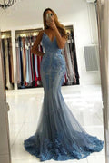 Beautiful Long Mermaid V-neck Appliques Lace Tulle Backless Prom Dress by BIZTUNNEL