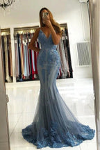 Beautiful Long Mermaid V-neck Appliques Lace Tulle Backless Prom Dress by BIZTUNNEL