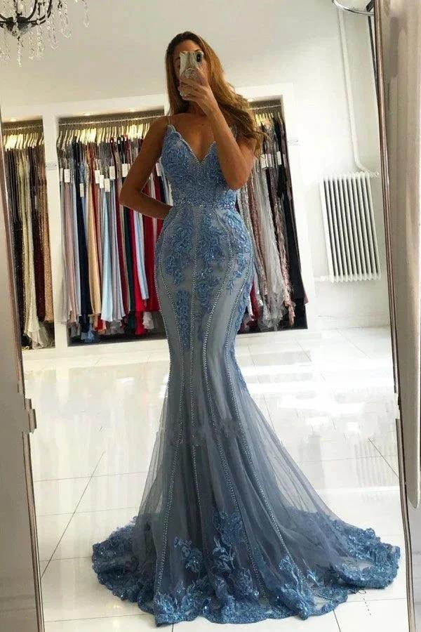 Beautiful Long Mermaid V-neck Appliques Lace Tulle Backless Prom Dress by BIZTUNNEL
