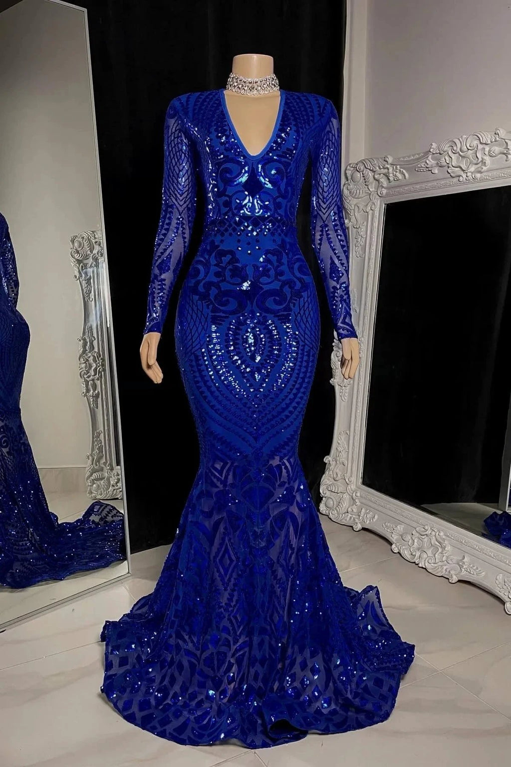 Beautiful Long Mermaid V-neck Prom Dress With Long Sleeves by misshow.com