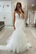 Beautiful Long Mermaid V-neck Spaghetti Straps Wedding Dresses with Lace by misshow.com