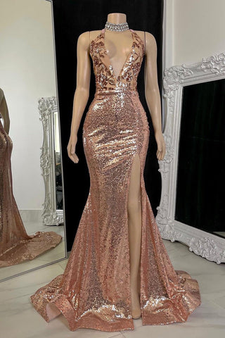 Wunderschönes langes Meerjungfrau-Ballkleid mit V-Ausschnitt und Schlitz, ärmellos, mit Spitze