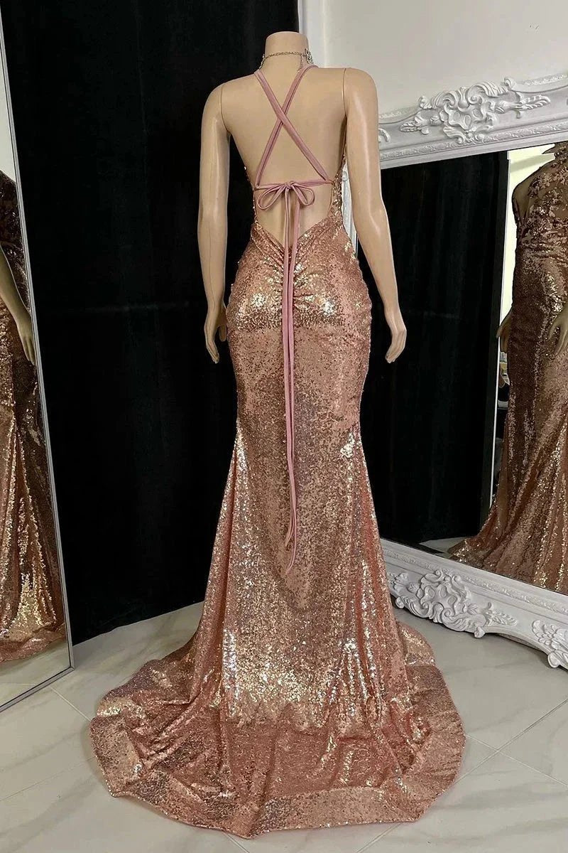 Beautiful Long Mermaid V-neck Split Sleeveless Prom Dress With Lace by misshow.com