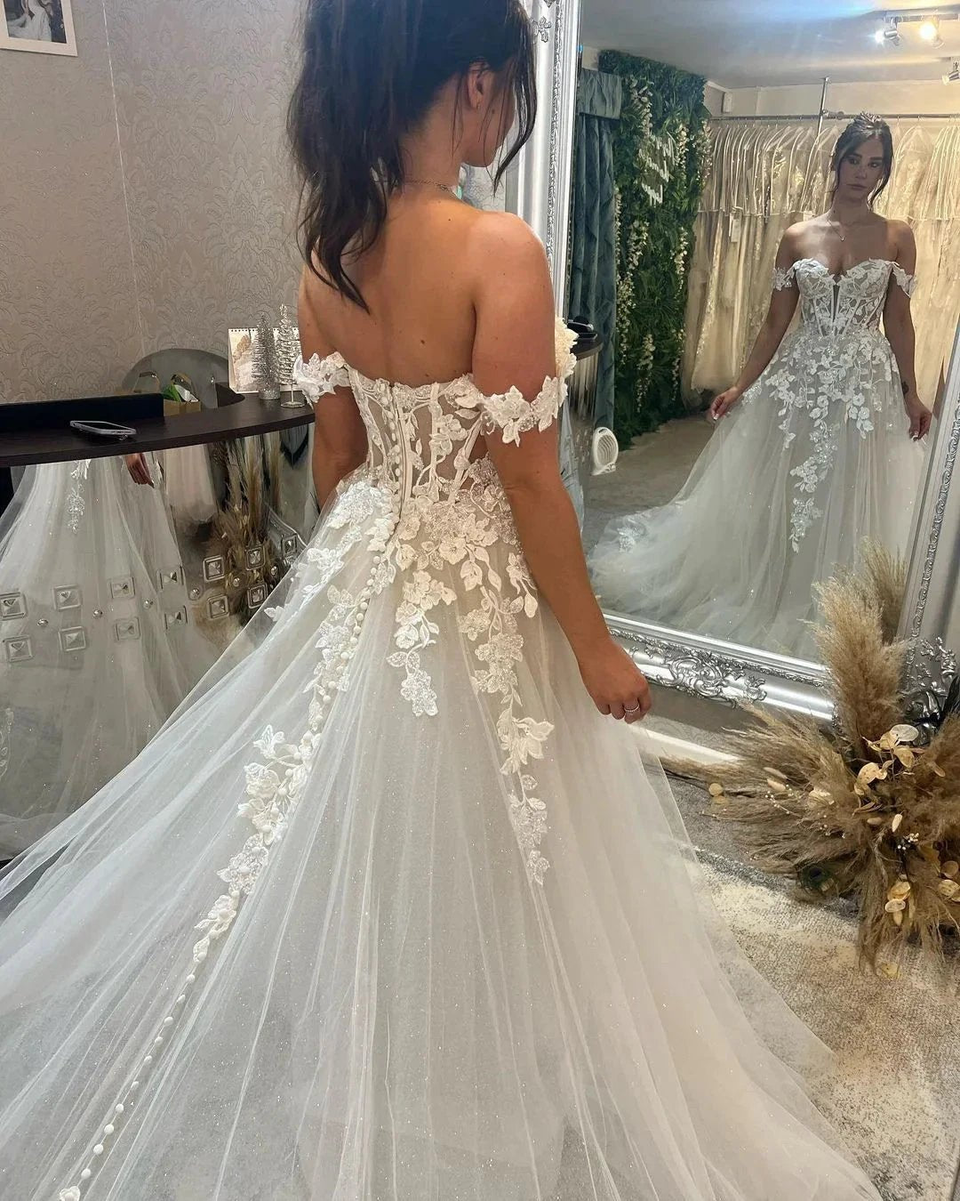 Beautiful Long Off-the-shoulder A-line Appliques Wedding Dress With Train by misshow.com