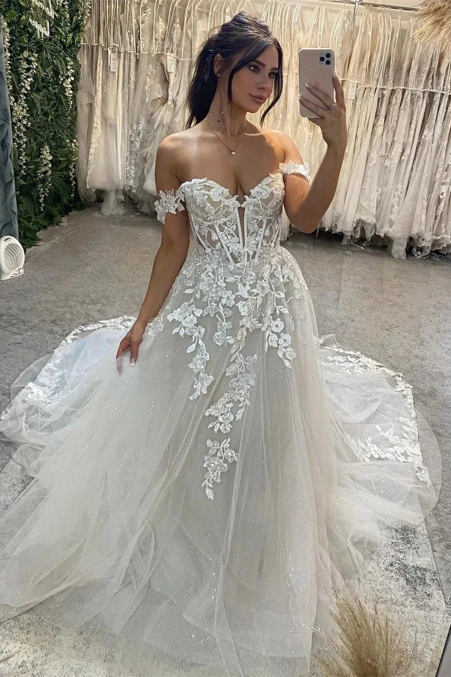 Beautiful Long Off-the-shoulder A-line Appliques Wedding Dress With Train by misshow.com