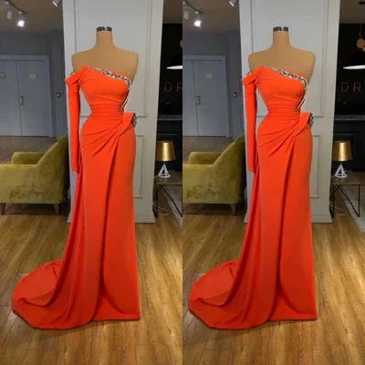 Beautiful Long Off-the-shoulder Satin Split Prom Dress With Long Sleeve by misshow.com