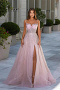 Beautiful Long Pink A-line Sequined Tulle Prom Dress With Slit by misshow.com