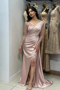 Beautiful Long Pink Mermaid Glitter Lace Split Front Prom Dresses with Long Sleeves by misshow.com