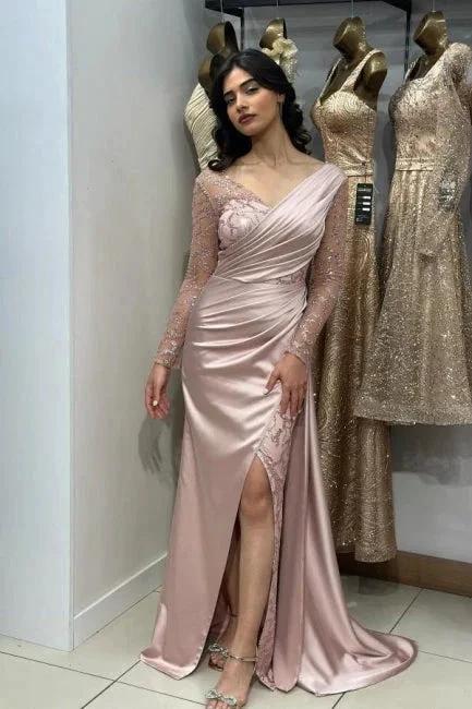 Beautiful Long Pink Mermaid Glitter Lace Split Front Prom Dresses with Long Sleeves by misshow.com