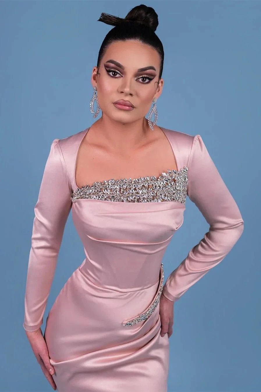 Beautiful Long Pink Mermaid Satin Prom Dress With Rhinestone by misshow.com