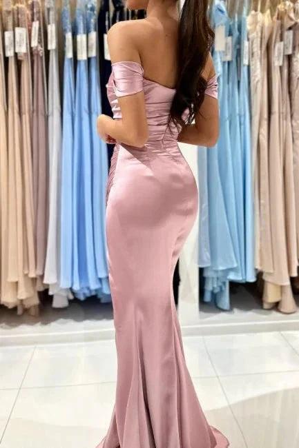 Beautiful Long Pink Off-the-shoulder Mermaid Sleeveless Evening Dresses With Slit by misshow.com