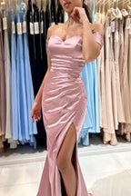 Beautiful Long Pink Off-the-shoulder Mermaid Sleeveless Evening Dresses With Slit by misshow.com
