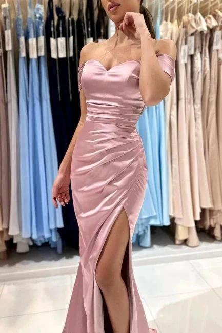 Beautiful Long Pink Off-the-shoulder Mermaid Sleeveless Evening Dresses With Slit by misshow.com