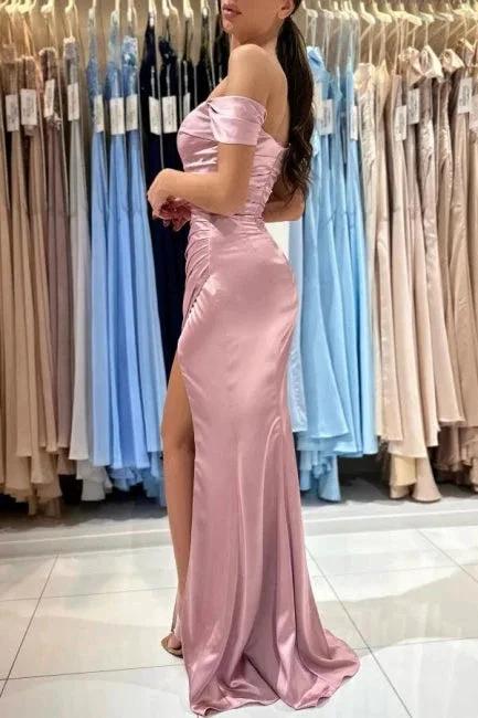 Beautiful Long Pink Off-the-shoulder Mermaid Sleeveless Evening Dresses With Slit by misshow.com