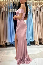 Beautiful Long Pink Off-the-shoulder Mermaid Sleeveless Evening Dresses With Slit by misshow.com