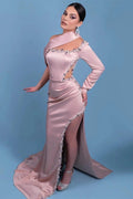 Beautiful Long Pink One-Shoulder Satin Mermaid Prom Dresses With Rhinestone by misshow.com