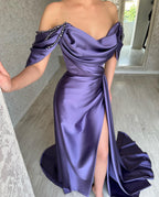 Beautiful Long Purple A-line Off-the-shoulder Sleeveless Prom Dresses With Slit