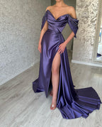 Beautiful Long Purple A-line Off-the-shoulder Sleeveless Prom Dresses With Slit