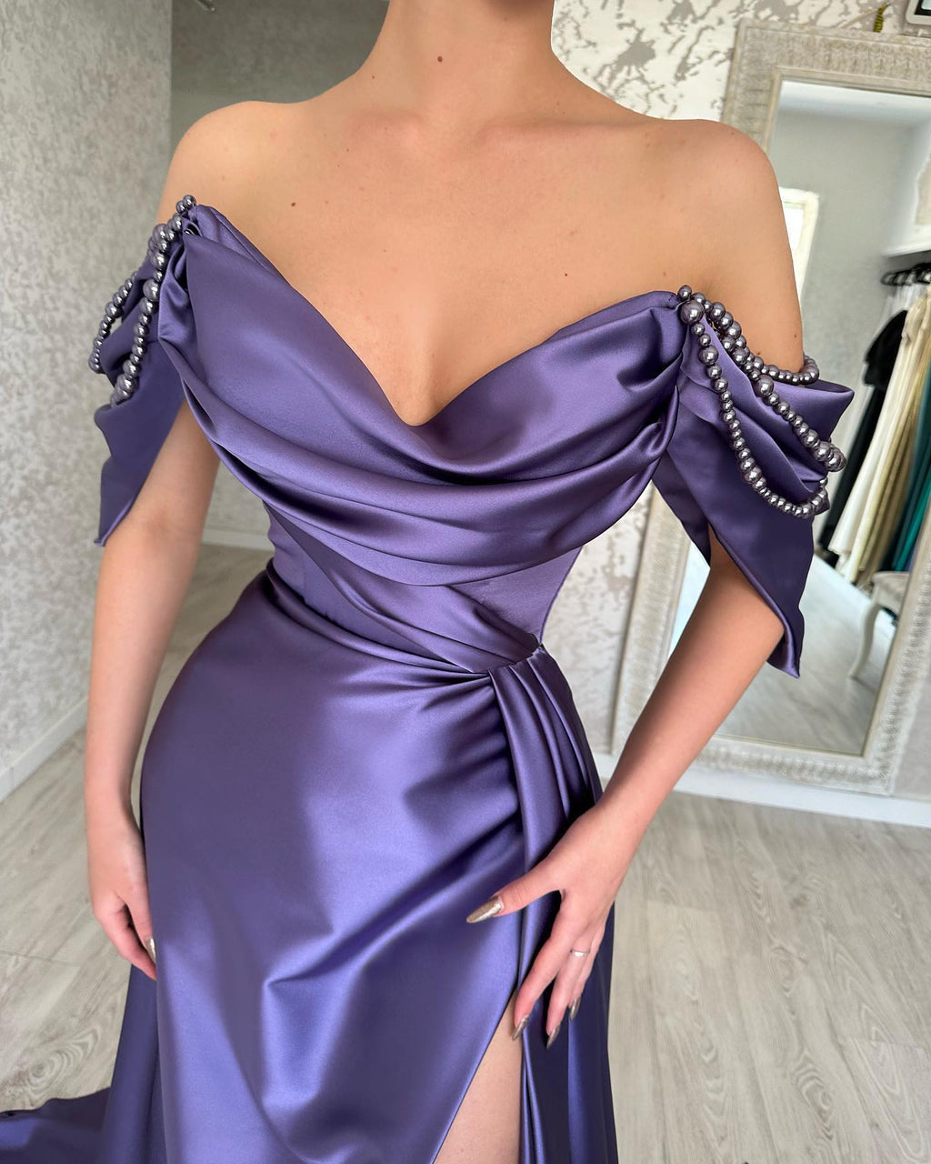 Beautiful Long Purple A-line Off-the-shoulder Sleeveless Prom Dresses With Slit