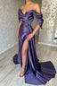 Beautiful Long Purple A-line Off-the-shoulder Sleeveless Prom Dresses With Slit
