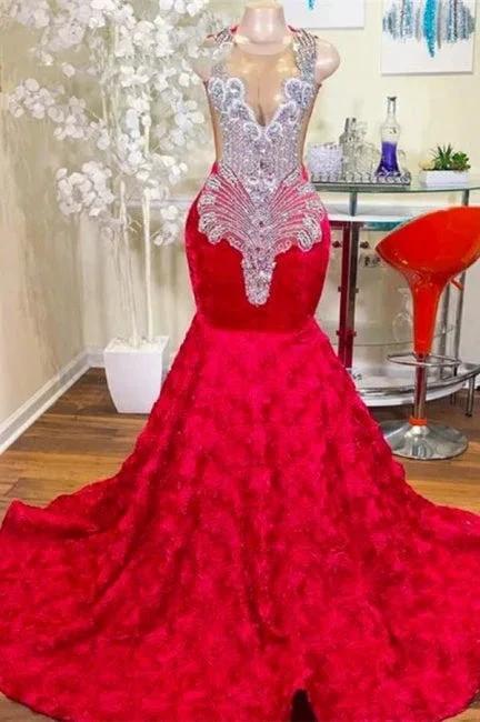 Beautiful Long Red Jewel Floor Length Satin Lace Mermaid Prom Dress with Appliques by misshow.com