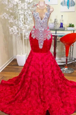 Wunderschönes langes rotes, bodenlanges Meerjungfrau-Ballkleid aus Satinspitze mit Applikationen