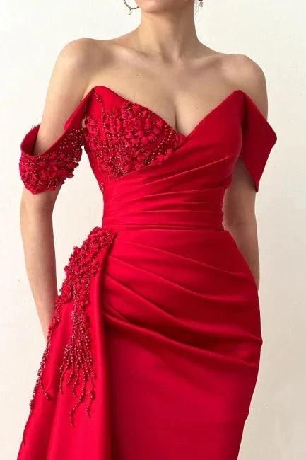 Beautiful Long Red Mermaid Off-the-shoulder Lace Prom Dress by misshow.com