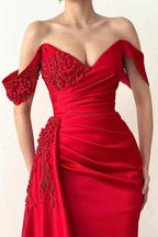 Beautiful Long Red Mermaid Off-the-shoulder Lace Prom Dress by misshow.com