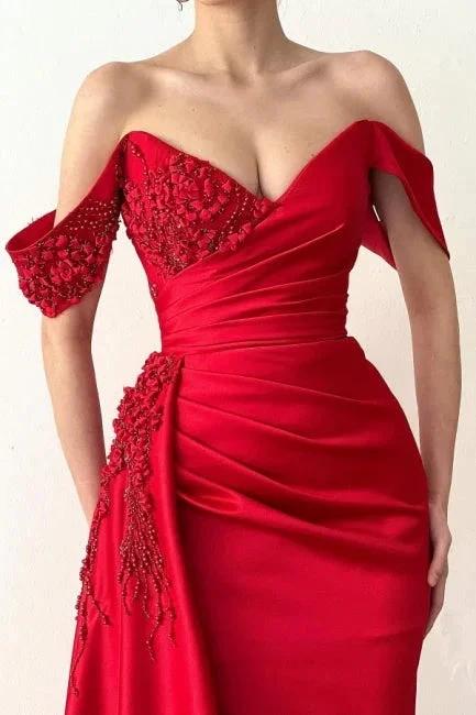 Beautiful Long Red Mermaid Off-the-shoulder Lace Prom Dress by misshow.com