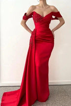 Beautiful Long Red Mermaid Off-the-shoulder Lace Prom Dress by misshow.com