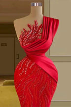 Beautiful Long Red Mermaid One Shoulder Lace Sequined Sleeveless Prom Dress by misshow.com