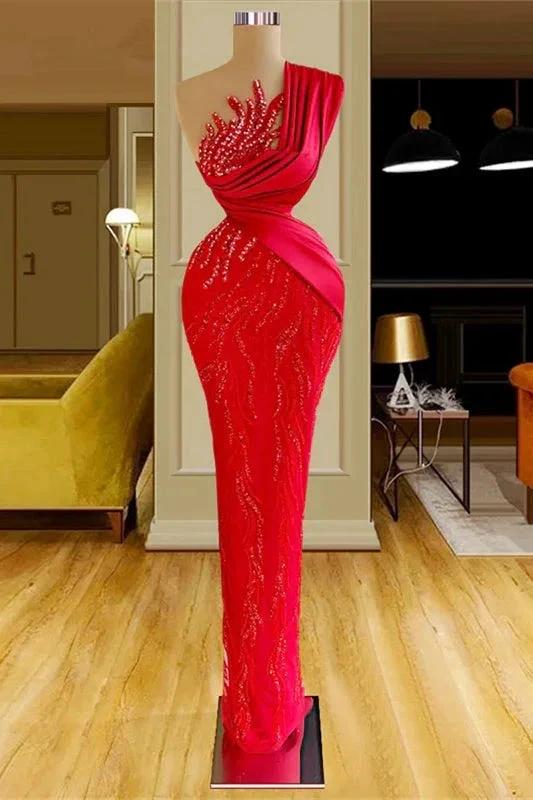 Beautiful Long Red Mermaid One Shoulder Lace Sequined Sleeveless Prom Dress by misshow.com