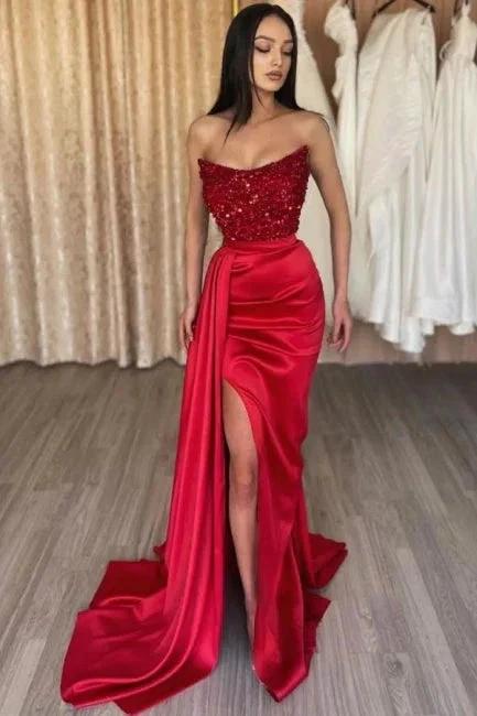 Beautiful Long Red Sequined Mermaid Satin Strapless Prom Dress with Slit by misshow.com