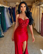 Beautiful Long Red Spaghetti Straps Sequined Lace Sleeveless Prom Dress With Slit by misshow.com