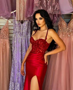 Beautiful Long Red Spaghetti Straps Sequined Lace Sleeveless Prom Dress With Slit by misshow.com