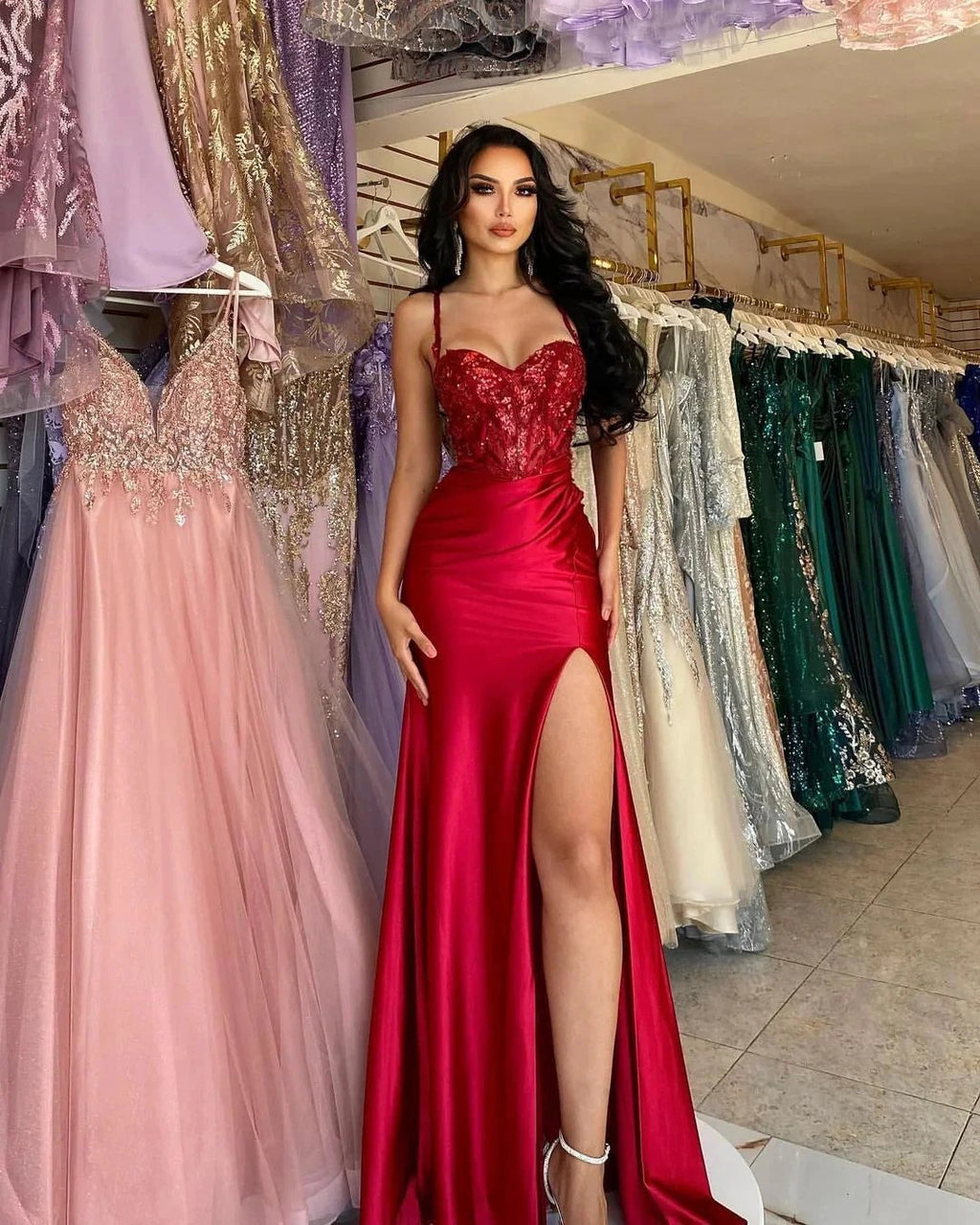 Beautiful Long Red Spaghetti Straps Sequined Lace Sleeveless Prom Dress With Slit by misshow.com