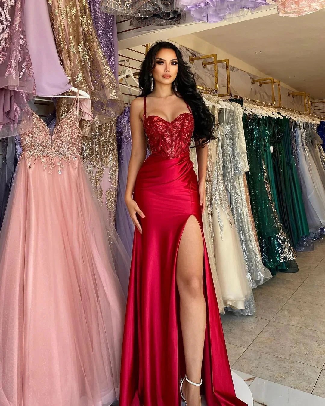 Beautiful Long Red Spaghetti Straps Sequined Lace Sleeveless Prom Dress With Slit by misshow.com