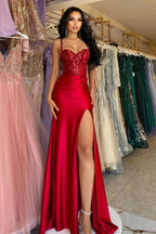 Beautiful Long Red Spaghetti Straps Sequined Lace Sleeveless Prom Dress With Slit by misshow.com