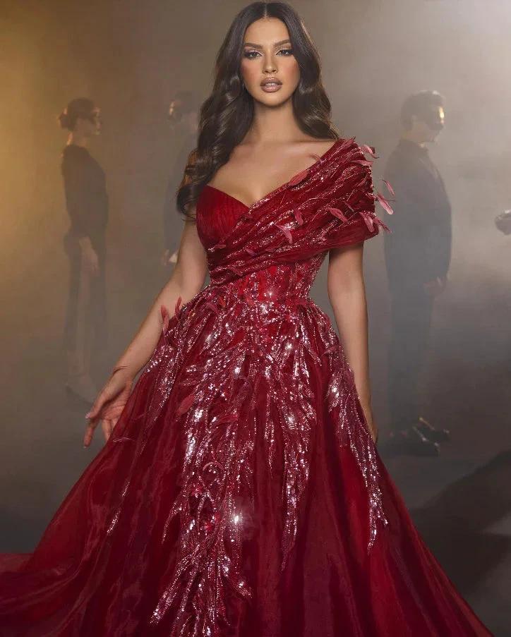 Beautiful Long Red Sweetheart A-line Prom Dress With Feather by misshow.com