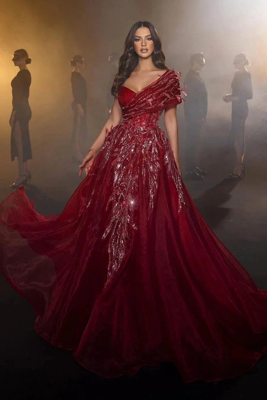 Beautiful Long Red Sweetheart A-line Prom Dress With Feather by misshow.com