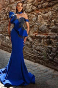 Beautiful Long Royal Blue Mermaid Beading Prom Dress with Ruffles by misshow.com