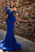 Beautiful Long Royal Blue Mermaid Beading Prom Dress with Ruffles by misshow.com