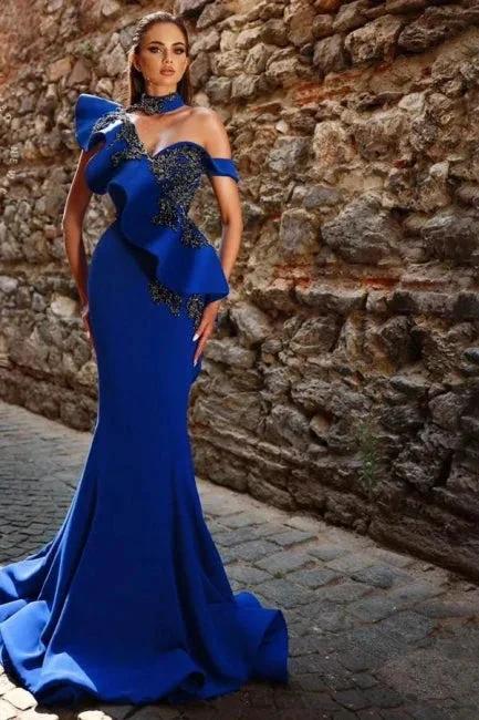 Beautiful Long Royal Blue Mermaid Beading Prom Dress with Ruffles by misshow.com
