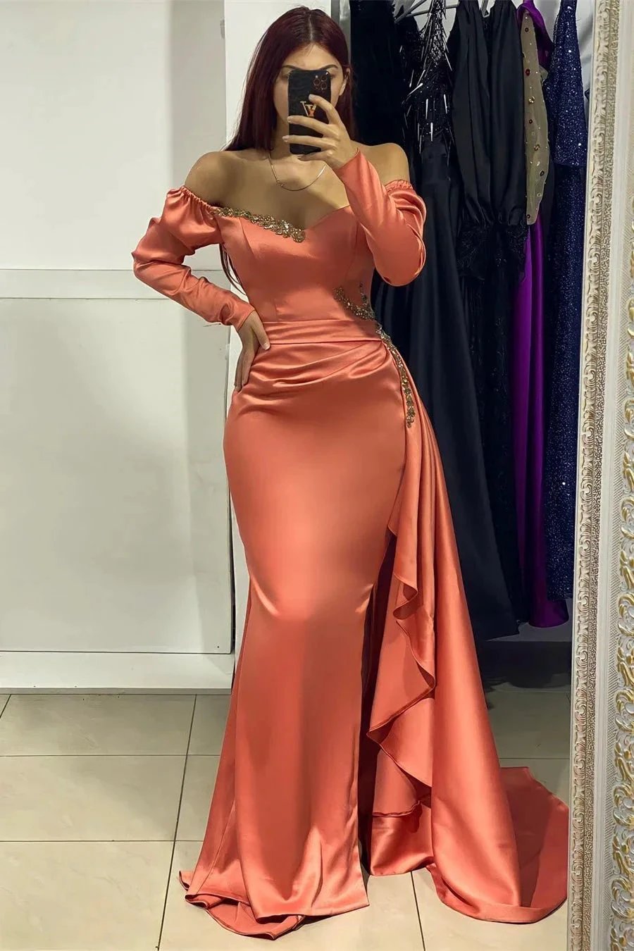 Beautiful Long Satin V-neck Long Sleeves Prom Dress With Rhinestone by misshow.com