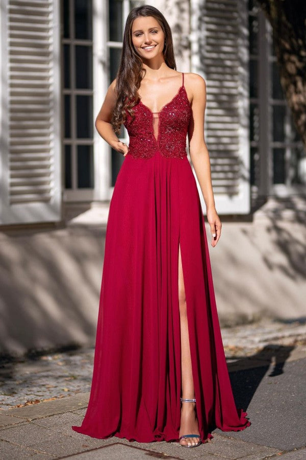 Beautiful Long Sheath V-neck Chiffon Backless Prom Dress With Split Hover Image