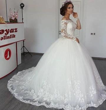 Beautiful Long Sleeve Off the Shoulder Appliques Lace Princess Wedding Dress by BIZTUNNEL