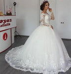 Beautiful Long Sleeve Off the Shoulder Appliques Lace Princess Wedding Dress by BIZTUNNEL