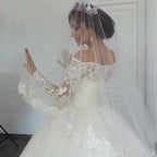 Beautiful Long Sleeve Off the Shoulder Appliques Lace Princess Wedding Dress by BIZTUNNEL